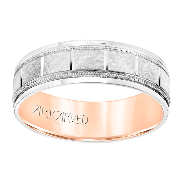 11-WV8832WR65-G.00 - ARTCARVED - Mens Comfort Fit Wedding Band with White Gold Exterior with Stone Finish and Polished Vertical Cut Center with Milgrain Accents, Polished Round Edge and Rose Gold