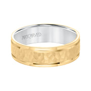 11-WV8833YW65-G.00 - ARTCARVED - Mens Comfort Fit wed Band with Yellow Gold Exterior with brushd Finish and hammerd Texture Center with Polished Flat Edge and White Gold Interior Pls note hand hammerd styles will have slight variations due to the nat