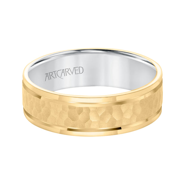 11-WV8833YW65-G.00 - ARTCARVED - Mens Comfort Fit wed Band with Yellow Gold Exterior with brushd Finish and hammerd Texture Center with Polished Flat Edge and White Gold Interior Pls note hand hammerd styles will have slight variations due to the nat