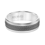 11-WV8843W7-G.00 - ARTCARVED - Mens Comfort Fit Wedding Band with Matt Finish and Textured Black Rhodium Center with Milgrain Accents and Polished Flat Edge