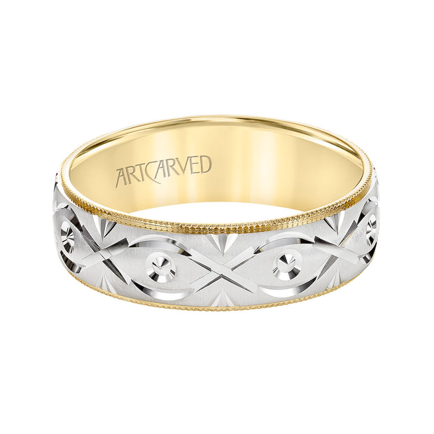 11-WV8876YW7-G.00 - ARTCARVED - Low Dome Milgrain Edge Carved Wedding Band