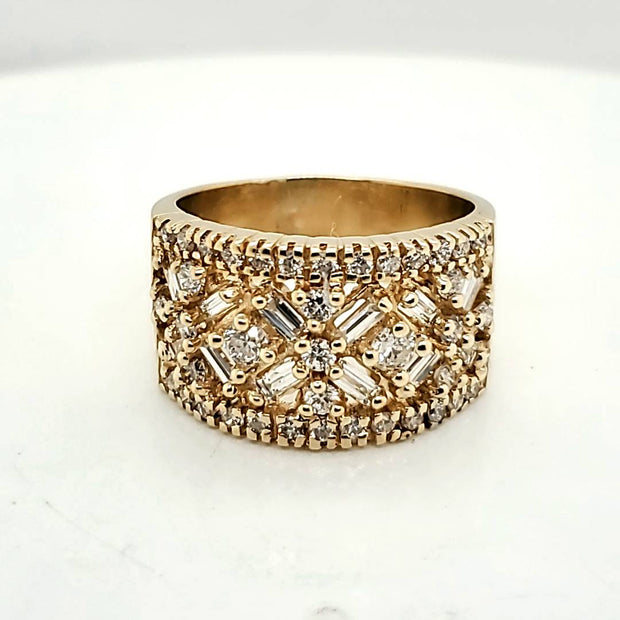 14kt Yellow Gold Round and Baguette Diamond Wide Band Ring