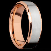 7 mm wide/Beveled/14K Rose Gold band with one 5 mm Centered inlay of 14K White Gold.