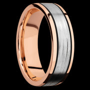 7 mm wide/Flat/14K Rose Gold band with one 4 mm Centered inlay of 14K White Gold.