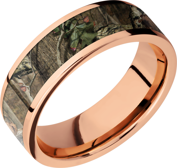 14K Rose Gold 7mm flat band with a 5mm inlay of Mossy Oak Break Up Infinity Camo
