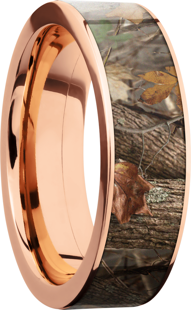 14K Rose Gold 7mm flat band with a 6mm inlay of Kings Woodland Camo