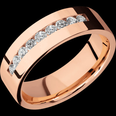 7 mm wide/Flat/14K Rose Gold band with an  arrangement of 9, .05 carat Round Diamond stones in a Channel setting.