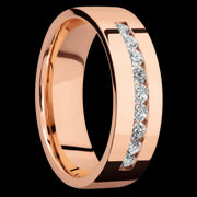 7 mm wide/Flat/14K Rose Gold band with an  arrangement of 9, .05 carat Round Diamond stones in a Channel setting.