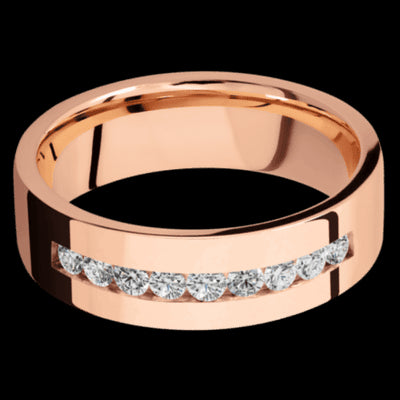 7 mm wide/Flat/14K Rose Gold band with an  arrangement of 9, .05 carat Round Diamond stones in a Channel setting.