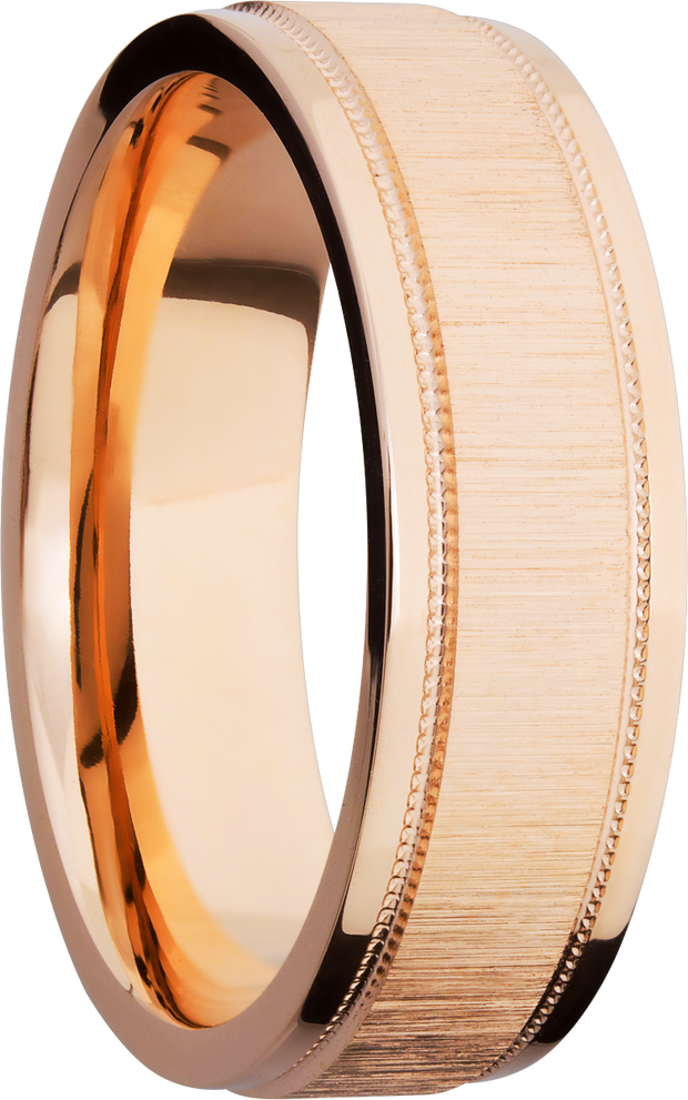 14K Rose gold 7mm domed band with grooved edges and reverse milgrain detail