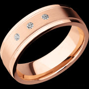 7 mm wide/Flat Stepped Edges Milgrain/14K Rose Gold band with an  arrangement of 3, .03 carat Round Diamond stones in a Flush setting.