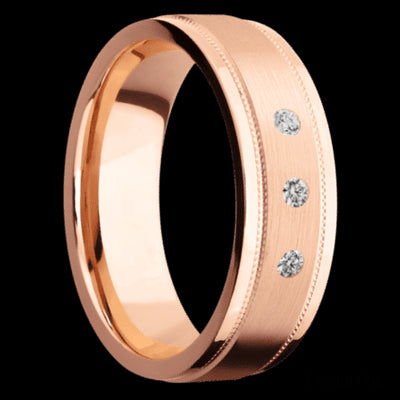 7 mm wide/Flat Stepped Edges Milgrain/14K Rose Gold band with an  arrangement of 3, .03 carat Round Diamond stones in a Flush setting.