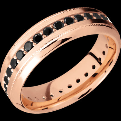 7 mm wide/High Bevel Milgrain/14K Rose Gold band with an Eternity arrangement of .03 carat Round Black Diamond stones in a Bead Channel setting.