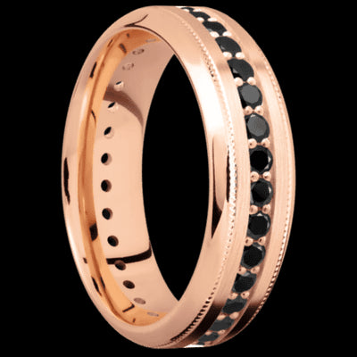 7 mm wide/High Bevel Milgrain/14K Rose Gold band with an Eternity arrangement of .03 carat Round Black Diamond stones in a Bead Channel setting.