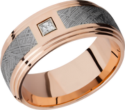 14K Rose gold 9mm flat band with an inlay of authentic Gibeon Meteorite and a white diamond accent