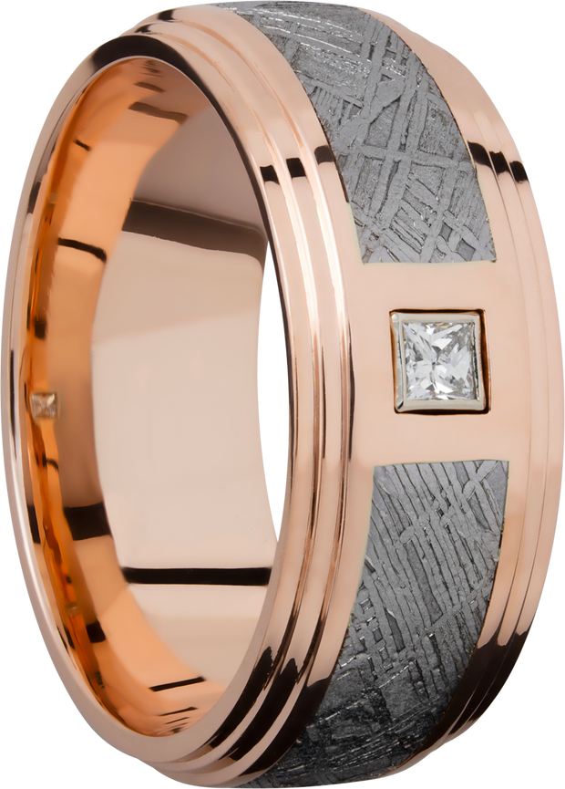 14K Rose gold 9mm flat band with an inlay of authentic Gibeon Meteorite and a white diamond accent