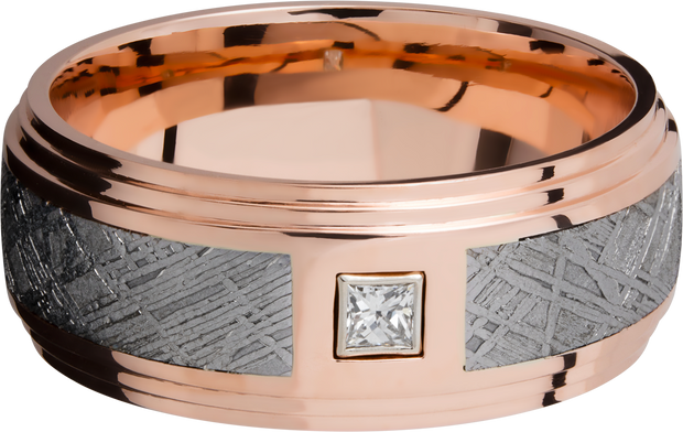 14K Rose gold 9mm flat band with an inlay of authentic Gibeon Meteorite and a white diamond accent