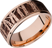 14K Rose gold 9mm flat band with grooved edges and a laser-carved aspen treeline