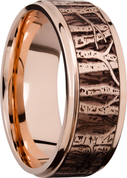 14K Rose gold 9mm flat band with grooved edges and a laser-carved aspen treeline