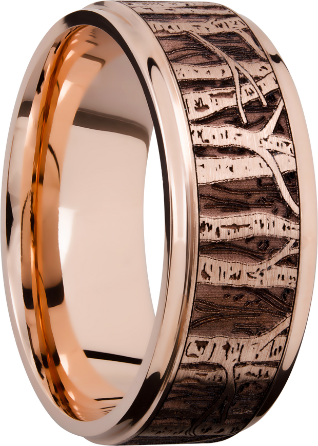 14K Rose gold 9mm flat band with grooved edges and a laser-carved aspen treeline