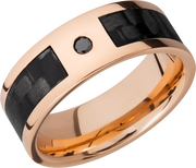 14K Rose Gold 8mm flat band with a 5mm inlay of segmented black Carbon Fiber and a flush-set black diamond accent