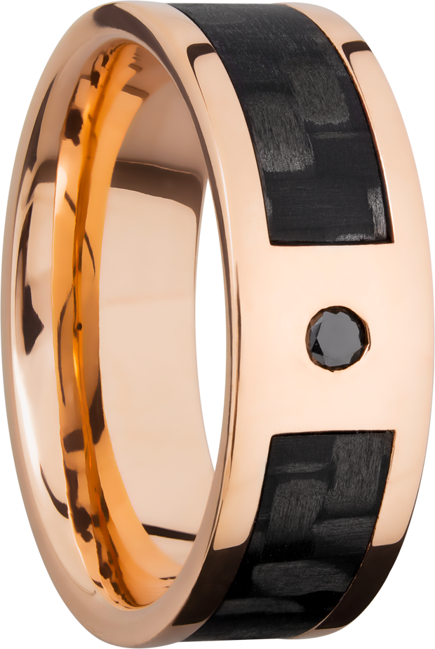14K Rose Gold 8mm flat band with a 5mm inlay of segmented black Carbon Fiber and a flush-set black diamond accent