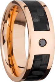 14K Rose Gold 8mm flat band with a 5mm inlay of segmented black Carbon Fiber and a flush-set black diamond accent