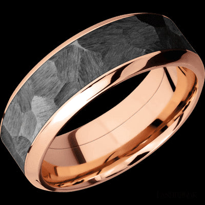 8 mm wide/High Bevel/14K Rose Gold band with one 5 mm Centered inlay of Zirconium.