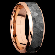 8 mm wide/High Bevel/14K Rose Gold band with one 5 mm Centered inlay of Zirconium.