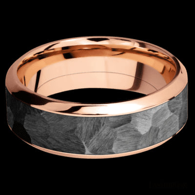 8 mm wide/High Bevel/14K Rose Gold band with one 5 mm Centered inlay of Zirconium.