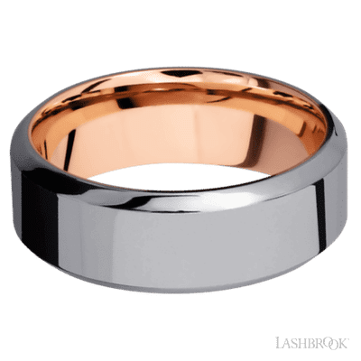 8 mm wide High Bevel Tantalum band featuring a 14K Rose Gold sleeve.