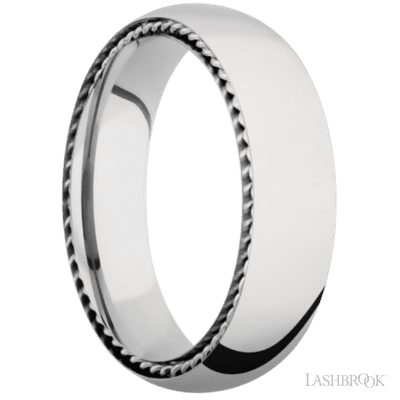 6 mm wide/Domed/14K White Gold band with two 1 mm Sidebraid inlays of 14K White Gold.