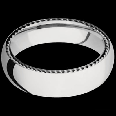 6 mm wide/Domed/14K White Gold band with two 1 mm Sidebraid inlays of 14K White Gold.