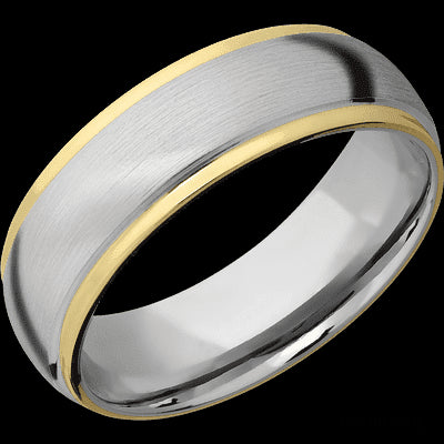 7 mm wide/Domed Stepped Down Edges/14K White Gold band with two 1 mm Edge inlays of 14K Yellow Gold.