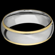 7 mm wide/Domed Stepped Down Edges/14K White Gold band with two 1 mm Edge inlays of 14K Yellow Gold.