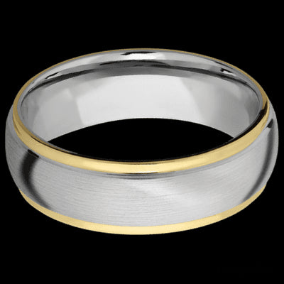 7 mm wide/Domed Stepped Down Edges/14K White Gold band with two 1 mm Edge inlays of 14K Yellow Gold.