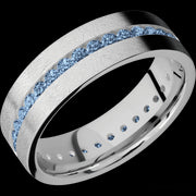 7 mm wide/Flat/14K White Gold band with an Eternity arrangement of .03 carat Round Denim Sapphire stones in a Channel setting.