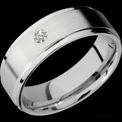 7 mm wide/Flat Grooved Edges/14K White Gold band with an  arrangement of 1, .1 carat Round Diamond stones in a Flush setting.