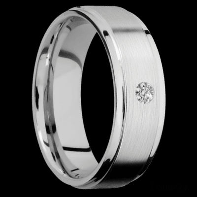 7 mm wide/Flat Grooved Edges/14K White Gold band with an  arrangement of 1, .1 carat Round Diamond stones in a Flush setting.