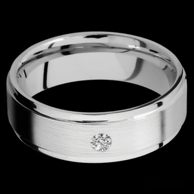 7 mm wide/Flat Grooved Edges/14K White Gold band with an  arrangement of 1, .1 carat Round Diamond stones in a Flush setting.