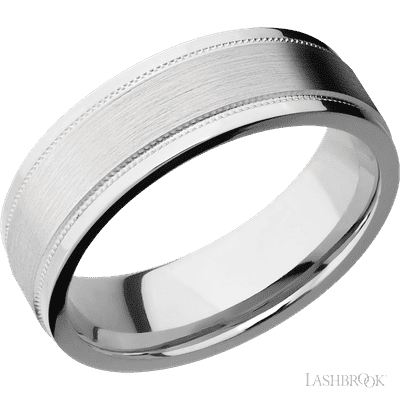 7 mm wide Flat Stepped Edges Milgrain 14K White Gold band.