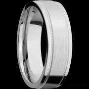 7 mm wide Flat Stepped Edges Milgrain 14K White Gold band.