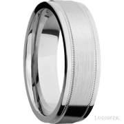 7 mm wide Flat Stepped Edges Milgrain 14K White Gold band.