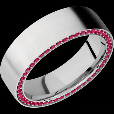 7 mm wide/Flat/14K White Gold band with a Side Eternity arrangement of .01 carat Round Ruby stones in a Bead Channel setting.