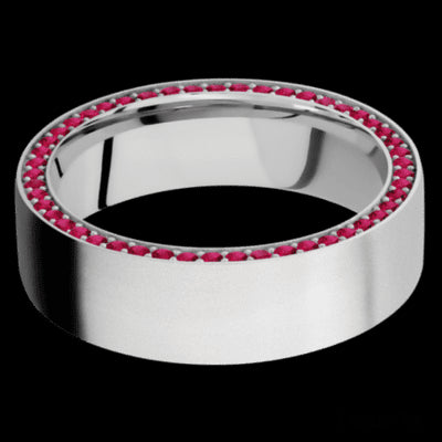 7 mm wide/Flat/14K White Gold band with a Side Eternity arrangement of .01 carat Round Ruby stones in a Bead Channel setting.