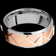 8 mm wide/Beveled/14K White Gold band with one 6 mm Centered inlay of 14K Rose Gold with a machined Flatweave pattern.