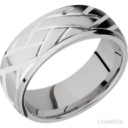 8 mm wide/Domed Stepped Down Edges/14K White Gold band with a machined Lattice pattern.