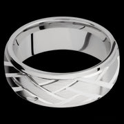 8 mm wide/Domed Stepped Down Edges/14K White Gold band with a machined Lattice pattern.