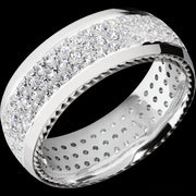 8 mm wide/Domed/14K White Gold band with  two 1 mm Sidebraid inlays of 14K White Gold and featuring a 3 Row Eternity arrangement of .015 carat Round Diamond stones in a Bead Channel setting