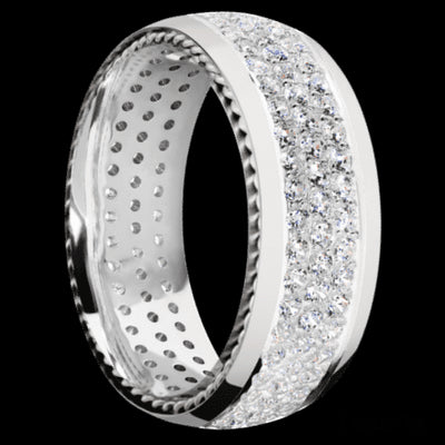 8 mm wide/Domed/14K White Gold band with  two 1 mm Sidebraid inlays of 14K White Gold and featuring a 3 Row Eternity arrangement of .015 carat Round Diamond stones in a Bead Channel setting